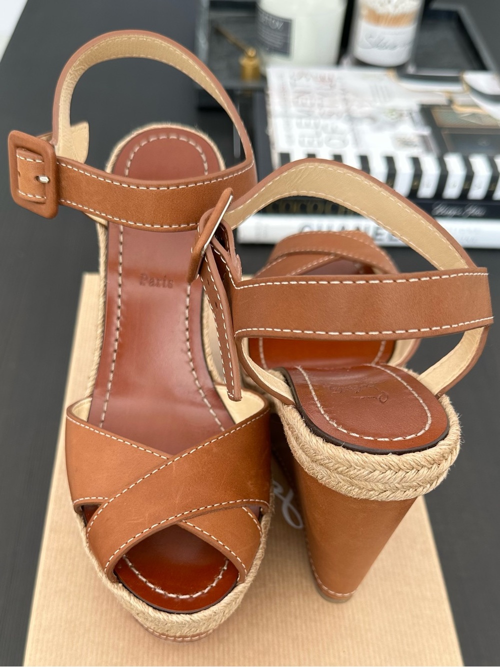 Christian Louboutin Tan Leather Espadrille Wedges, Authentic
